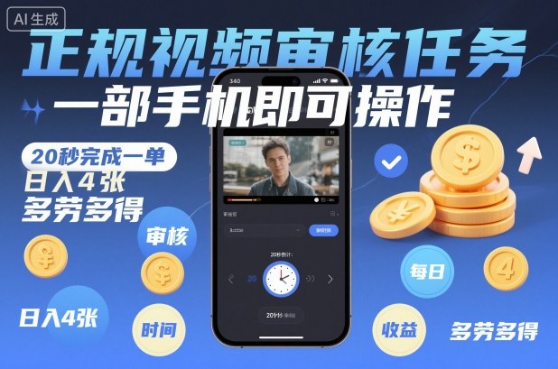 正规视频审核任务,一部手机即可操作,20秒完成一单,日入4张,多劳多得【揭秘】-优优云网创