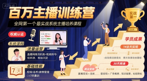百万主播训练营,全网第一个最实战系统主播培养课程-优优云网创