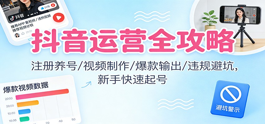 抖音运营全攻略:注册养号/视频制作/爆款输出/违规避坑,新手快速起号-优优云网创